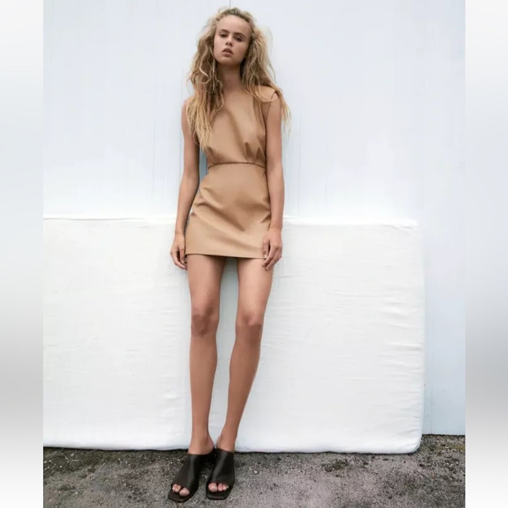 Zara Tan Faux Leather Pleated Dress - Size Large - NWT